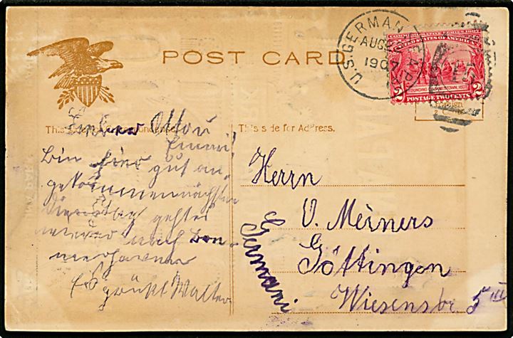 2 cents Jamestown på relief brevkort Luna Park, Coney Island annulleret med sejlende bureaustempel U. S. German Sea P. O. / 15 d. 22.8.1907 til Göttingen, Tyskland. Stempel benyttet ombord på Hamburg-Amerika Linie dampskibet Amerika (1907-1910).