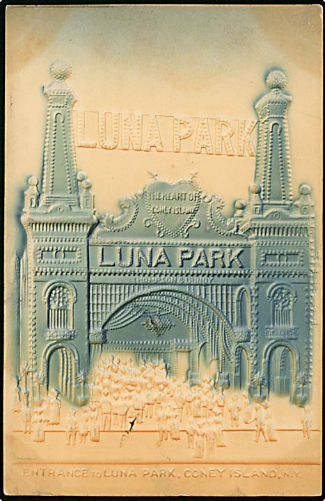 2 cents Jamestown på relief brevkort Luna Park, Coney Island annulleret med sejlende bureaustempel U. S. German Sea P. O. / 15 d. 22.8.1907 til Göttingen, Tyskland. Stempel benyttet ombord på Hamburg-Amerika Linie dampskibet Amerika (1907-1910).