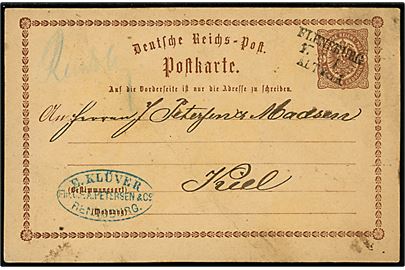 ½ kr. helsagsbrevkort annulleret med bureaustempel Flensburg - Altona d. 17.2.1874 med håndskrevet bynavn Rendsburg til Kiel.