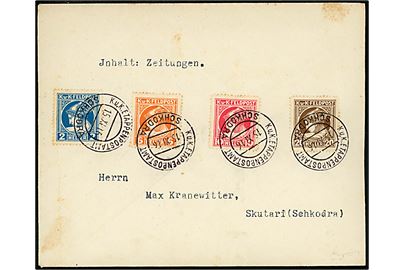 2 h., 6 h., 10 h. og 20 h. K.u.K. Feldpost Avisportomærker på lokalbrev annulleret K.u.K. Etappenpostamt Schkodra (Albanien) d. 15.11.1916.