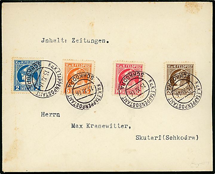 2 h., 6 h., 10 h. og 20 h. K.u.K. Feldpost Avisportomærker på lokalbrev annulleret K.u.K. Etappenpostamt Schkodra (Albanien) d. 15.11.1916.