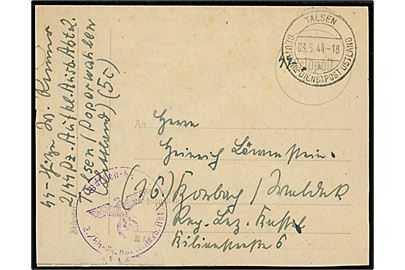 Ufrankeret SS-feldpost korrespondancekort stemplet Talsen Deutsche Dienstpost Ostland d. 3.5.1944 til Tyskland. Briefstempel: Waffen-SS 2./SS-Pz. Aufkl. Ausb. Abt. 2.