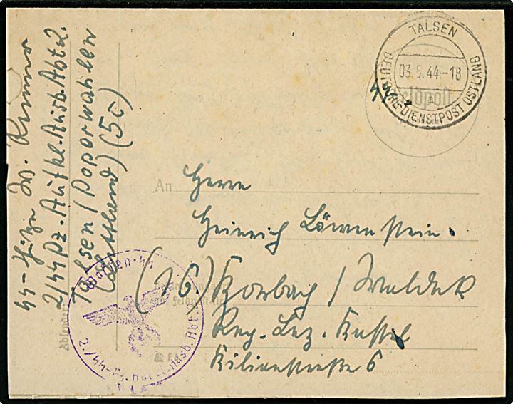 Ufrankeret SS-feldpost korrespondancekort stemplet Talsen Deutsche Dienstpost Ostland d. 3.5.1944 til Tyskland. Briefstempel: Waffen-SS 2./SS-Pz. Aufkl. Ausb. Abt. 2.