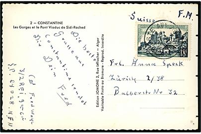 18 fr. annulleret Poste aux Armees på feltpostkort fra Constantine i Algeriet i 1950'erne sendt fra medlem af den franske fremmedlegion (3/2 R.E.I.) ved feltpost nr. S.P. 878028 AFN til Zürich, Schweiz.