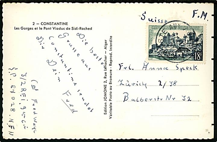 18 fr. annulleret Poste aux Armees på feltpostkort fra Constantine i Algeriet i 1950'erne sendt fra medlem af den franske fremmedlegion (3/2 R.E.I.) ved feltpost nr. S.P. 878028 AFN til Zürich, Schweiz.