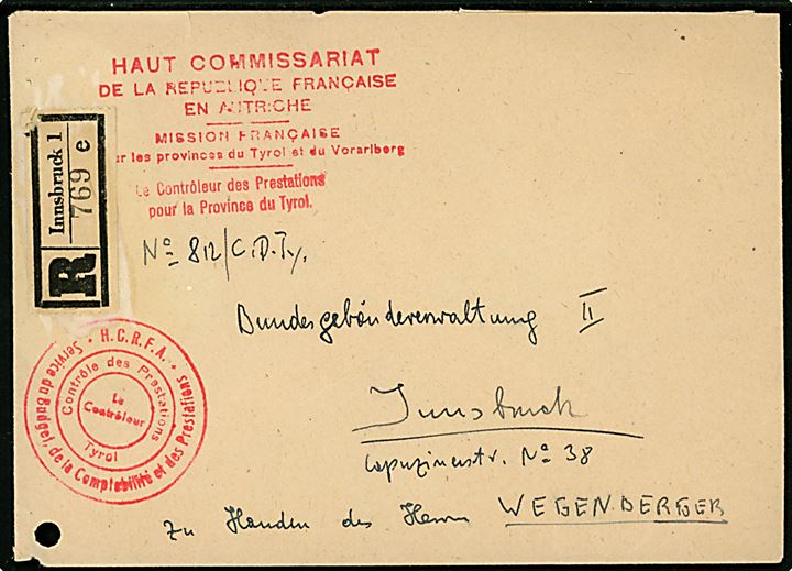 Ufrankeret anbefalet tjenestebrev fra den franske højkommissær i Østrig's mission i Tyrol og Vorarlberg sendt lokalt i Innsbruck 1953. Arkivhul.
