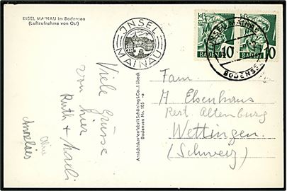 Baden. 10 pfg. (2) på brevkort fra Insel Mainau annulleret Insel Mainau Bodensee d. 18.7.1948 til Wettingen, Schweiz.