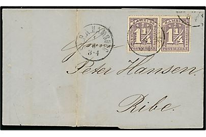 Hamburg. 1 1/4 sch. i vandret parstykke på brev annulleret St.P.A.Hamburg d. 1.6.1866 til Ribe, Danmark. Lodret fold.
