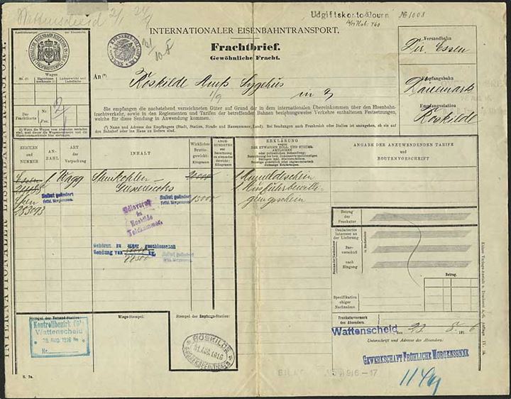 Tysk internationalt Jernbane fragtbrev med 50 pfg. Fragtmærke i 4-stribe fra Wattenscheid d. 24.8.1916 til Roskilde, Danmark