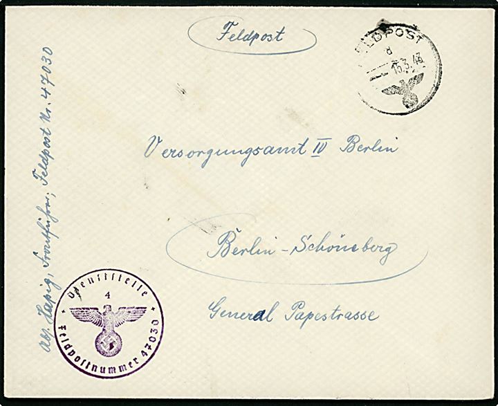 Ufrankeret dansk fremstillet kuvert stemplet Feldpost d. 15.3.1943 til Berlin, Tyskland. Afs.-adresse og Briefstempel fra Feldpostnummer 47030 = OT-Oberbauleitung Dänemark