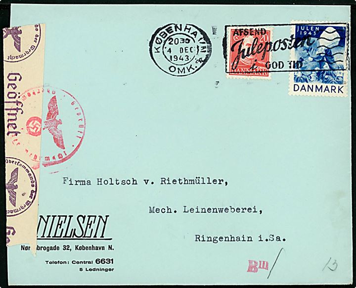 20 øre Chr. X og Julemærke 1943 på brev fra København d. 4.12.1943 til Ringenhain, Tyskland. Åbnet af tysk censur i Hamburg.