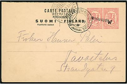 10+10 pen. provisorisk svardel af dobbelt helsagsbrevkort annulleret med liniestempel Mommila og sidestemplet med 2-sproget bureaustempel Rajajoki-Helsinki P.vagn 2 d. 2.5.1919 til Tavastehus.