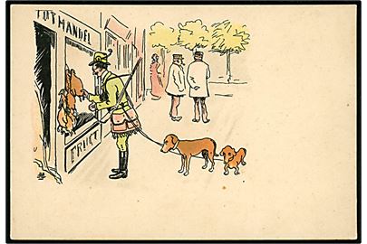 Alfred Schmidt: Jæger med hunde ved Vildtforretning. Kartonkort u/no.