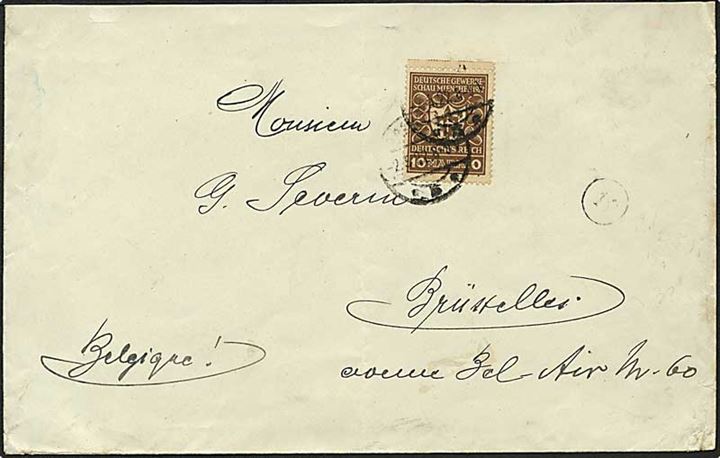 10 mk. Udstilling single på infla brev med svagt stempel d. 2.5.1922 til Bruxelles, Belgien.