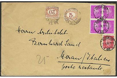 15 pfg. Hindenburg og 10 pfg. Ebert (fireblok) på brev fra Berlin d. 4.4.1930 til poste restante i Meran, Italien. Italiensk 5 c. og 20 c. Portomærker som poste restante gebyr.