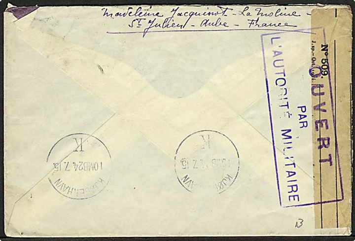 5 c. og 10 c. (2) på brev fra Troyes d. 13.7.1915 til København, Danmark. Åbnet af fransk censur.