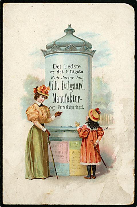 Herning, Bredgade 28, Vilh. Dalgaard Manufakturhandel. Kartonkort med reklame. U/no. 