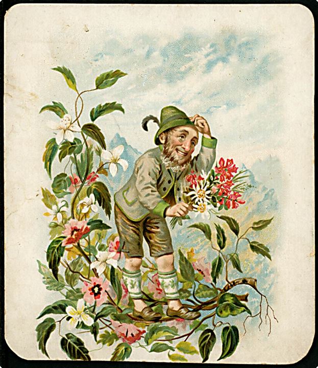Nisse med blomster. Kartonkort benyttet i Danmark d. 11.8.1887. 