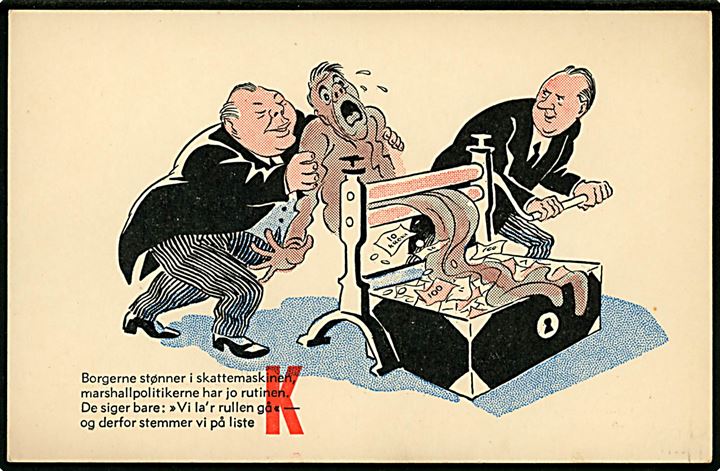Herluf Bidstrup: Borgerne stønner i skattemaskinen.... Danmarks Kommunistiske Partis valgagitation ved kommunalvalget 1950. 