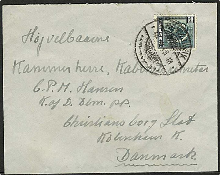 50 aur Torsk på brev fra Reykjavik d. 15.11.1945 til København, Danmark.
