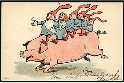 Carl Røgind: Nissefamilie på gris. Ed. F. Ph. & Co. u/no.