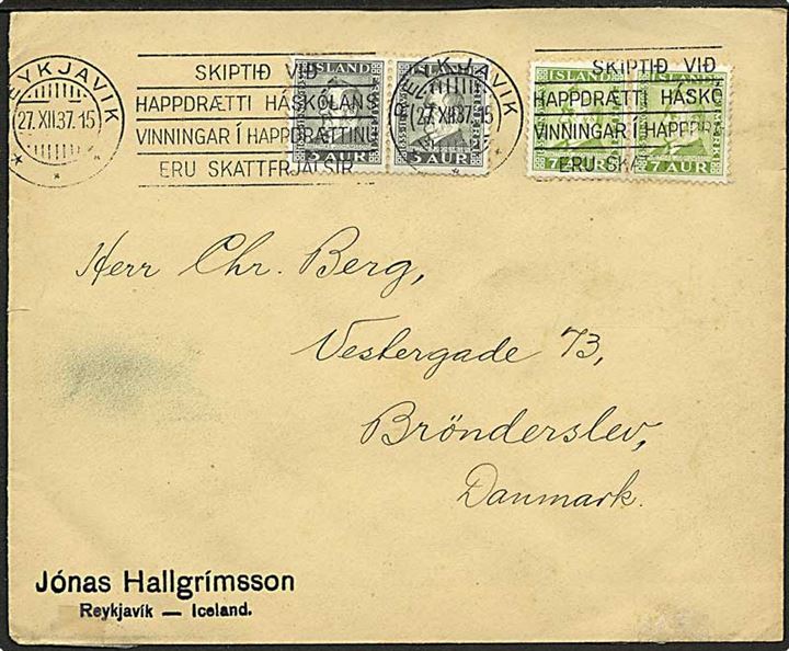 3 aur (par) og 7 aur (par) Jochumsson på brev fra Reykjavik d. 27.12.1937 til Brønderslev, Danmark.