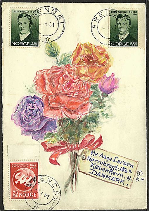 10 øre Nordraak (2) og 25 øre UPU på illustreret kuvert fra Arendal d. 2.1.1961 til København, Danmark.