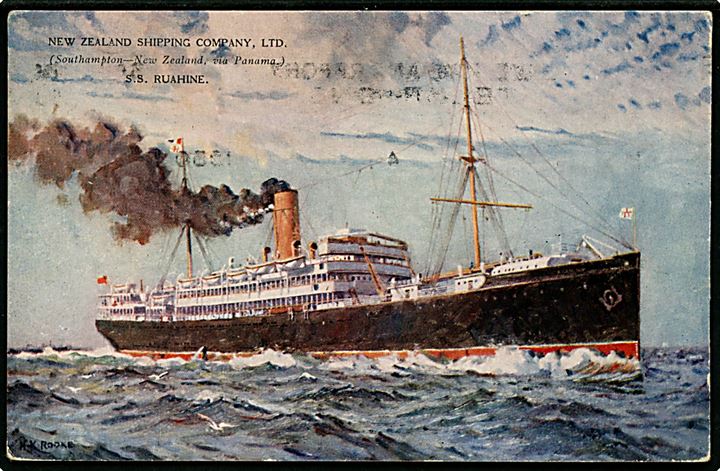 Ruahine, S/S, New Zealand Shipping Co. Anvendt fra Napier d. 5.1.1930 til England.