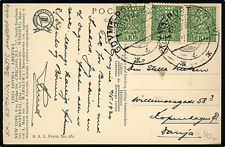 Pulaski, S/S, Gdynia-America Linie. Sendt fra Gdynia d. 4.5.1930 til København.