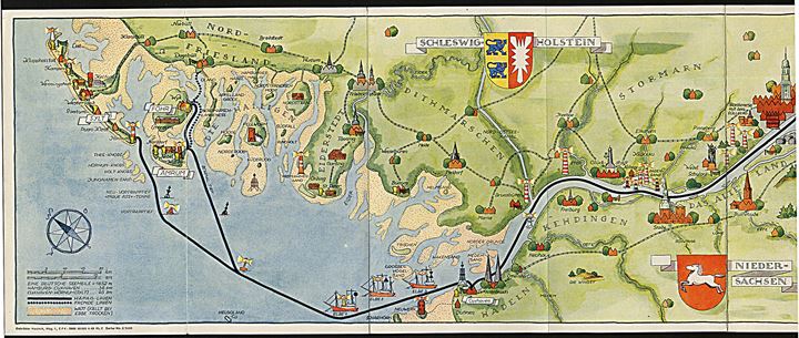 An die Nordsee über Hamburg, Hapag Seebäderdienst brochure med landkort.