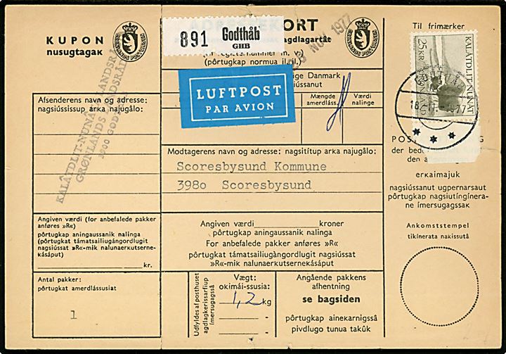 25 kr. Moskusokse single på adressekort for luftpostpakke fra Godthåb d. 18.11.1977 til Scoresbysund i Østgrønland. Formodentlig sendt via Danmark.