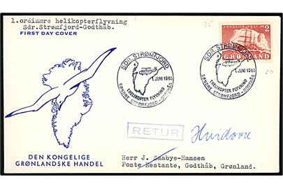 2 kr. Ishavsskib single på særligt helikopterflyvningsbrev fra Sdr. Strømfjord til Godthåb annulleret med særstempel i Sdr. Strømfjord d. 1.6.1965.