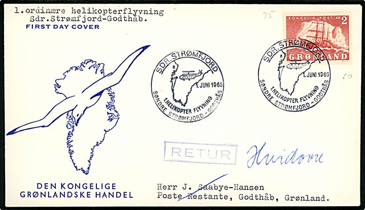 2 kr. Ishavsskib single på særligt helikopterflyvningsbrev fra Sdr. Strømfjord til Godthåb annulleret med særstempel i Sdr. Strømfjord d. 1.6.1965.