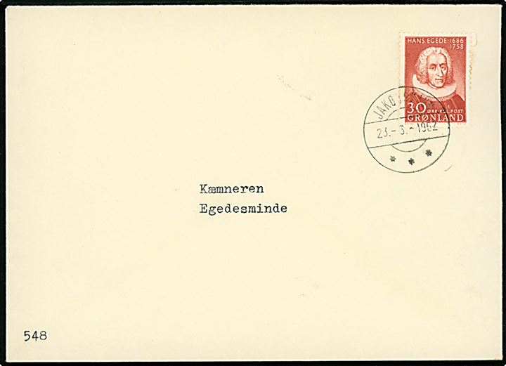 30 øre Hans Egede single på brev fra Jakobshavn d. 23.3.1962 til Egedesminde.