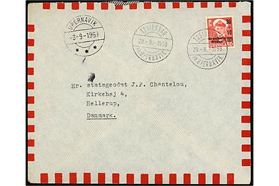 30+10/25 øre Grønlandsfonden single på brev fra opmålingsskibet Ole Rømer annulleret med pr.-stempel Tasiussaq pr. Upernavik d. 28.8.1959 via Upernavik d. 3.9.1959 til statsgeodæt J. F. Chantelou i Hellerup. 