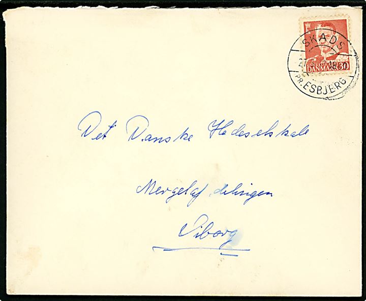 30 øre Fr. IX på brev annulleret med pr.-stempel Skads pr. Esbjerg d. 27.3.1957 til Viborg.