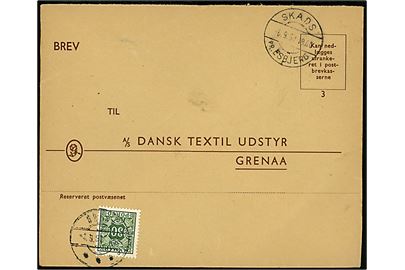 Ufrankeret svarkuvert med pr.-stempel Skads pr. Esbjerg d. 6.9.1951 til Grenaa. Udtakseret i enkeltporto med 30 øre Portomærke stemplet Grenaa d. 7.9.1951.