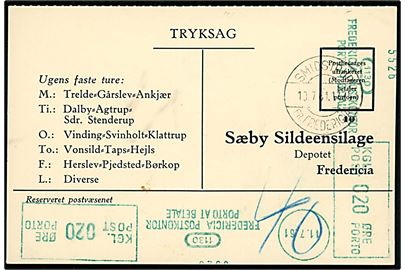 Ufrankeret svartryksagskort med pr.-stempel Smidstrup pr. Fredericia d. 10.7.1961 til Fredericia. Udtakseret i porto med to stk. 20 øre grønne porto-maskinstempler fra Fredericia Postkontor d. 11.7.1961.
