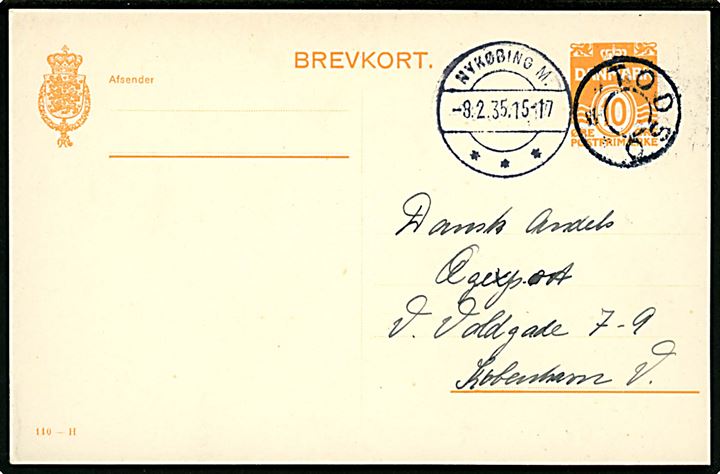 10 øre helsagsbrevkort (fabr. 110-H) annulleret med udslebet stjernestempel TØDSØ og sidestemplet Nykøbing M. d. 8.2.1935 til København.