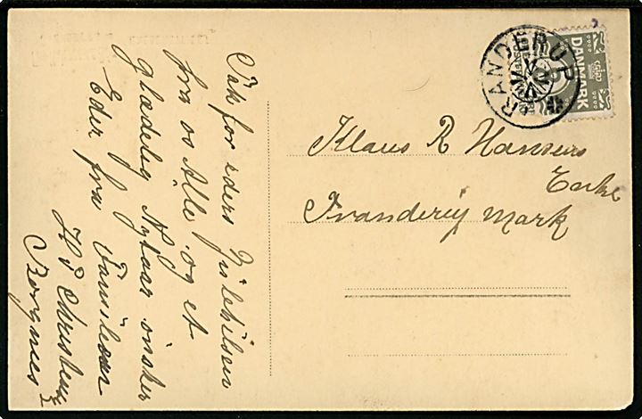 8 øre Bølgelinie (defekt) på lokalt brevkort (Udstillingsbygning. Svendborg fotograf) ca. 1926 annulleret med stjernestempel TRANDERUP.