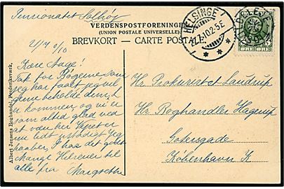 5 øre Fr. VIII på brevkort (Ved Bangs Høj, Tisvilde Hegn) annulleret med stjernestempel TISVILDELEJE og sidestemplet Helsinge d. 22.7.1910 til København.