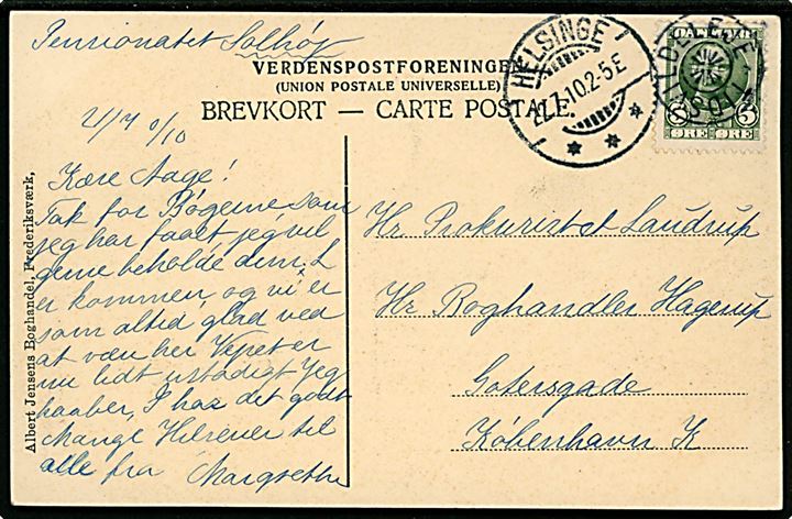 5 øre Fr. VIII på brevkort (Ved Bangs Høj, Tisvilde Hegn) annulleret med stjernestempel TISVILDELEJE og sidestemplet Helsinge d. 22.7.1910 til København.
