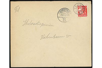 20 øre Karavel på brev annulleret med udslebet stjernestempel TEBSTRUP og sidestemplet Skanderborg B. d. 7.10.1942 til København.