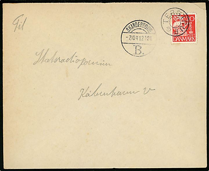 20 øre Karavel på brev annulleret med udslebet stjernestempel TEBSTRUP og sidestemplet Skanderborg B. d. 7.10.1942 til København.