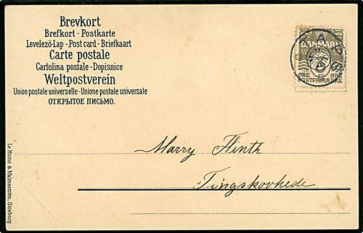 3 øre Bølgelinie på lokalt brevkort annulleret med stjernestempel TAPS til Tingskovhede. Stempel benyttet 1909-1911.