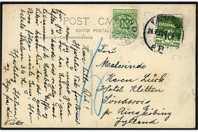 10 øre Bølgelinie på underfrankeret brevkort fra Kjøbenhavn d. 29.7.1928 til Søndervig pr. Ringkøbing. Udtakseret i porto med 10 øre Portomærke annulleret med stjernestempel SØNDERVIG.