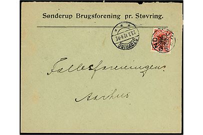 10 øre Chr. X på brev annulleret med stjernestempel SØNDERUP og sidestemplet Støvring d. 23.3.1917 til Aarhus. 