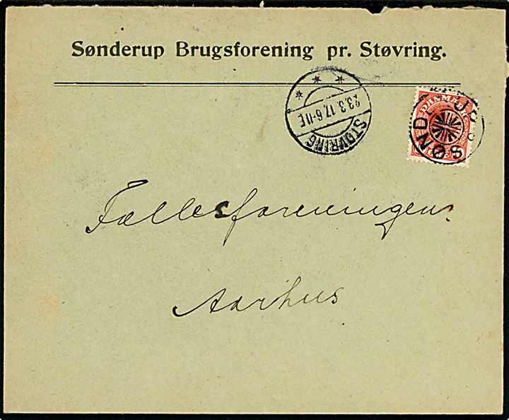 10 øre Chr. X på brev annulleret med stjernestempel SØNDERUP og sidestemplet Støvring d. 23.3.1917 til Aarhus. 