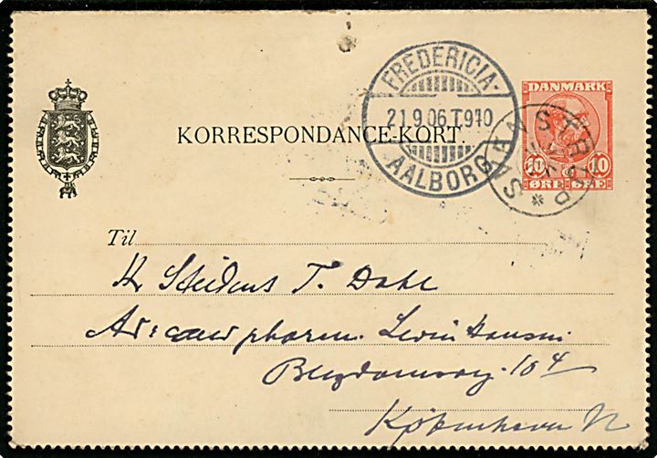 10 øre Chr. IX helsags korrespondancekort annulleret med stjernestempel SVENSTRUP og sidestemplet bureau Fredericia - Aalborg T.940 d. 21.9.1906 til København.