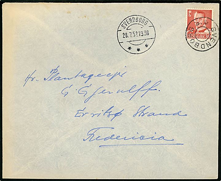 30 øre Fr. IX på brev fra Vindeby annulleret med udslebet stjernestempel SVENDBORG 3. og sidestemplet Svendborg d. 28.7.1952 til Erritsø Strand pr. Fredericia.